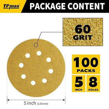 100PCS 5 Inch 60 Grit 125mm 8 Hole Sanding Discs Sandpaper - Premium Gold Round Hook and Loop for Random Orbital Sander - Ideal for Wood, Metal, Automotive