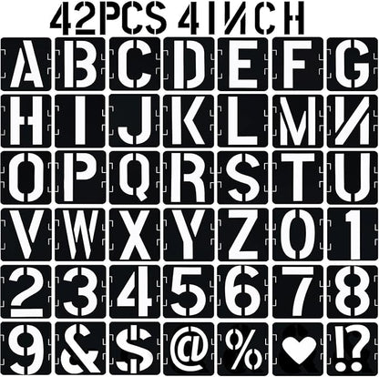 4 in Alphabet Number Stencils for Painting, 42 Pcs Reusable Letter Stencils for DIY Project Art Craft Spray Painting Templates Interlocking Stencil Kits for Wood Signs, Wall Art