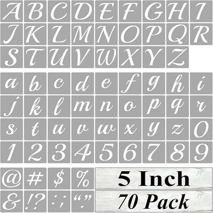 5 Inch Alphabet Letter Stencils for Painting - 70 Pack Letter and Number Stencil Templates with Signs for Painting on Wood, Reusable Cursive Letters Stencils for Chalkboard Wood Signs & Wall Art