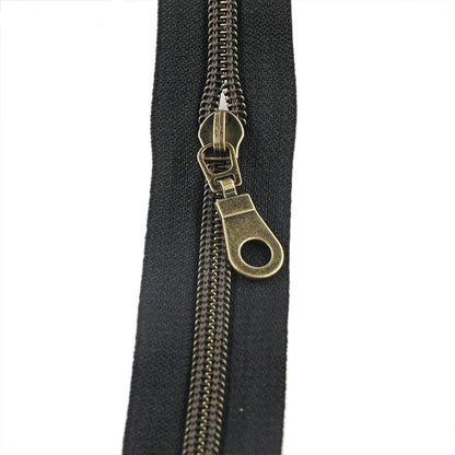 Leekayer #5 Antique Brass Metallic Nylon Coil Zippers by The Yard Bulk 10 Yards Black Zipper Tape with 25pcs Brass Sliders for DIY Sewing Tailor Craft Bag (Black)