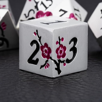 DND Metal Dice Set,7pcs Set Flower Metallic Dice Set with Box,RPG Polyhedral Dice for Table Game (Silver-Purple)