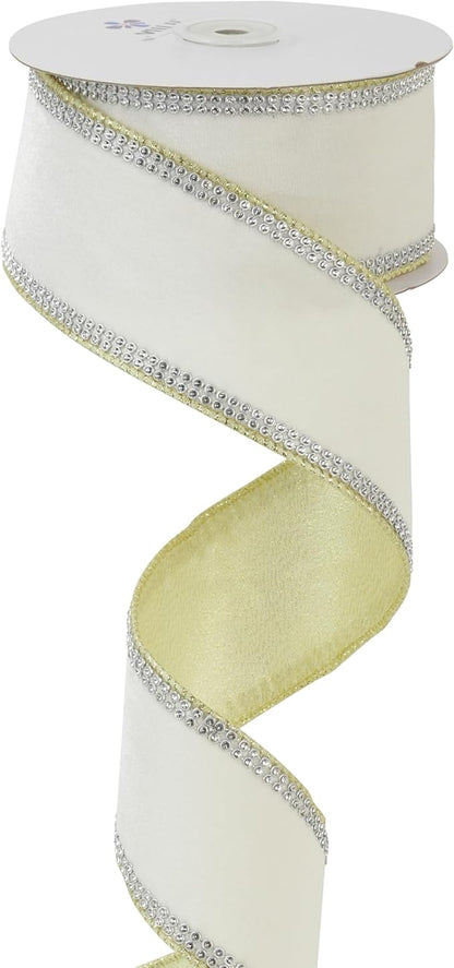 MEEDEE Gold & White Velvet with Rhinstone Edge Wired Ribbon 2.5 Inch Luxury Jeweled Ribbon 5 Yards Sparkling Rhinestone Trim for Christmas Tree, Garland, Wreaths, Holiday Home Decor, Wedding Decor