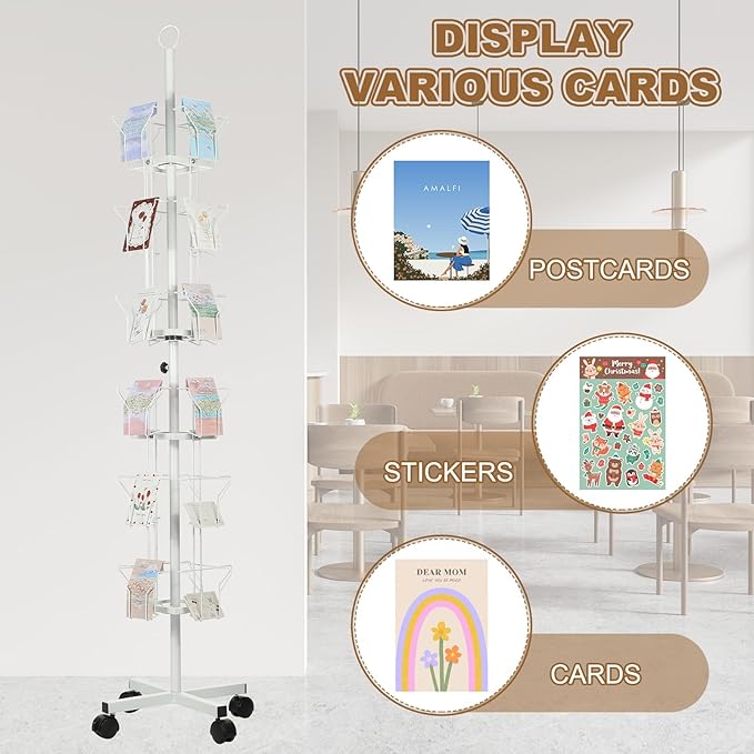 PATIKIL 6 Tier Rotating Greeting Card Rack, Metal Spinning Greeting Card Display Stand Portable Postcard Rack Holder Organizer for Postcard Sticker Photo Desk Book Stamp, White