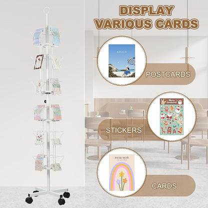 PATIKIL 6 Tier Rotating Greeting Card Rack, Metal Spinning Greeting Card Display Stand Portable Postcard Rack Holder Organizer for Postcard Sticker Photo Desk Book Stamp, White