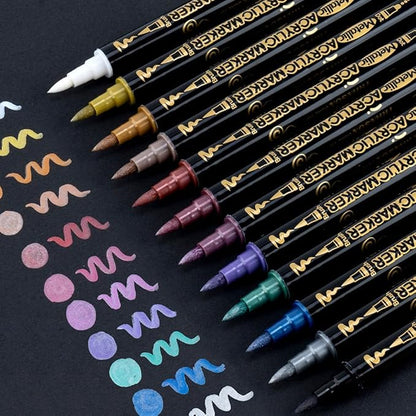 TRANSON 12Colors Metallic Paint Markers Bold and Brush Dual-tip for Rock Wood Ceramic Canvas DIY Painting Drawing