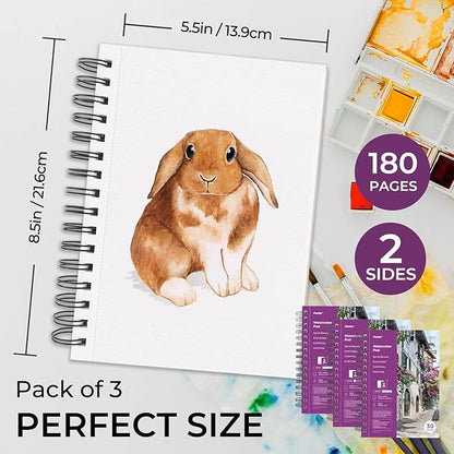 Funto Watercolor Pad 5.5x8.5, 3 Pack, 90 Sheets,140lb/300gsm, Double-Sided, Cold Press, Spiral Bound, Heavyweight Paper for Watercolor Painting