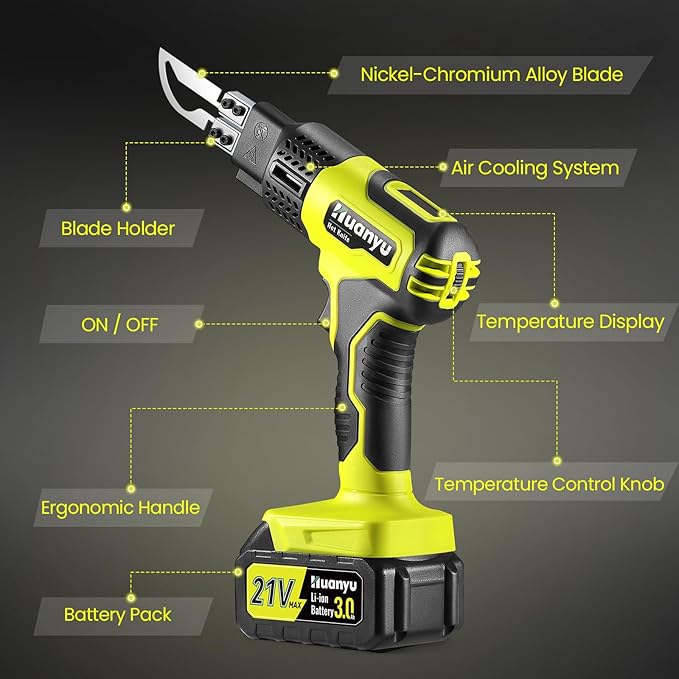 Huanyu Cordless Hot Knife with Temp. Display 100W Max 500℃ 3.0Ah Battery Powered Air Cooling Cutting Tool 4 Blades Set Electric Hot Knife Foam Cutting Tool Craft Shears for Rope, Fabric, Acrylic