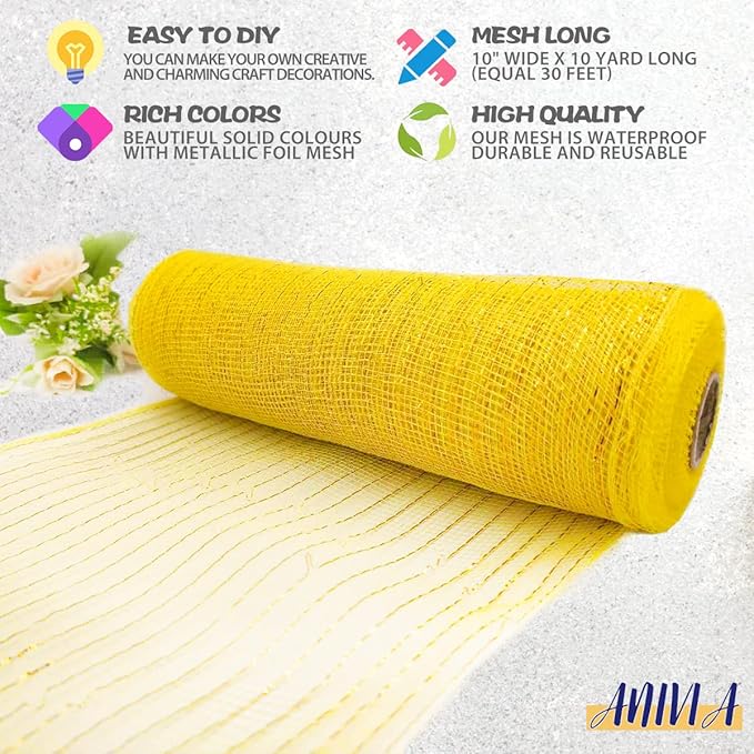 Anivia Deco Mesh Ribbon, 10inch x 30 Feet Each Roll Metallic Foil Mesh Ribbon for Wreaths Swags, Holloween, and Christmas Tree Decoration (Yellow/Yellow Foil)