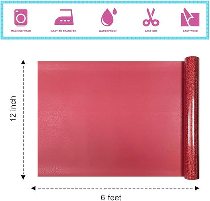Red Glitter Heat Transfer Vinyl 12Inch*6FT Glitter Iron on Vinyl for T Shirts Easy to Cut and Weed Compatible with All Cutter Machines HTV Iron on Vinyl for Cricut(Red 12Inch*6FT)