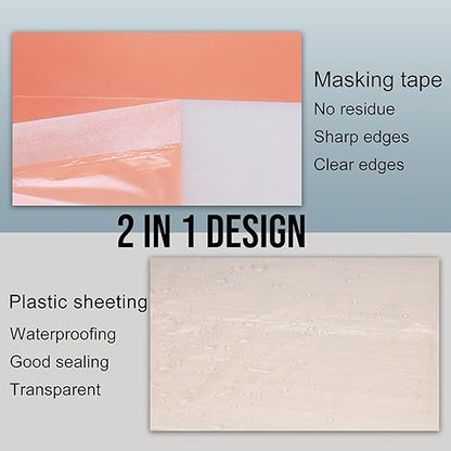 Lichamp Plastic Cover for Painting, Pre-Taped Masking Film, 22 inch x 30 Yard x 3 Rolls (90 Yards Total), Painters Plastic with Tape, Advanced Masking Tape Film