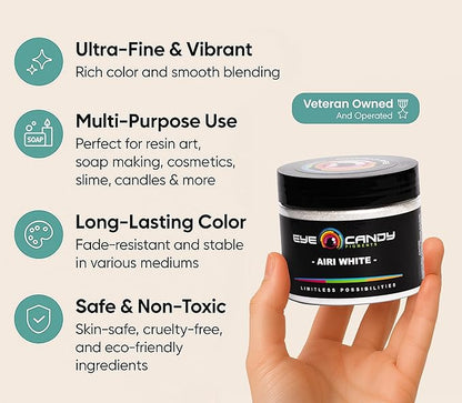 Eye Candy Pigments Premium White Mica Powder - Airi White (50gr) - for Epoxy, Resin, Soap, Paint, Woodworking, Acrylic Pouring, Bath Bombs, Fishing Lures - DIY Arts and Crafts Additive