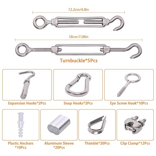 250FT 1/8" Wire Rope Kit, Vinyl Coated 304 Stainless Steel Wire Cable, 7x7 Strands 920LBS Breaking Strength, M5 Turnbuckle for Cable Wire, String Light Hanging Kit for Outdoor, Garden, Clothesline