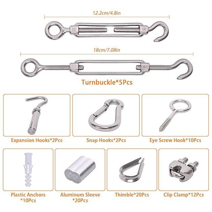 250FT 1/8" Wire Rope Kit, Vinyl Coated 304 Stainless Steel Wire Cable, 7x7 Strands 920LBS Breaking Strength, M5 Turnbuckle for Cable Wire, String Light Hanging Kit for Outdoor, Garden, Clothesline