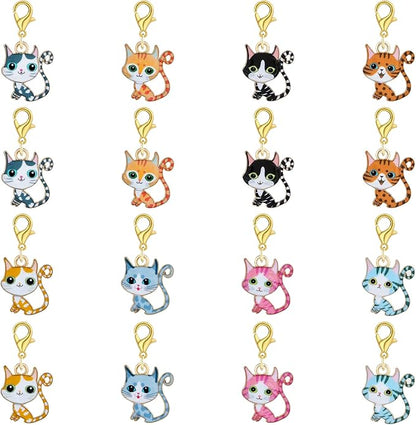BEEFLYING 16Pcs Cat Stitch Marker Charms for Crocheting and Knitting, 8 Styles Alloy Enemal Crochet Knit Stitch Marker Pendant with Lobster Clasp for Sewing Quilting Handmade Jewelry