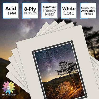 Mat Board Center, Double Mat - Acid Free, 8-ply Thickness, White Core - for Pictures, Photos, Framing (Gray Over Black, 8x10 for 5x7, Pack of 5)