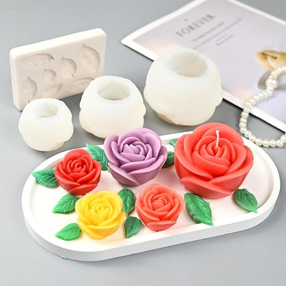 Rose Candle Molds, 4 Pcs Set of Large + Medium + Small 3D Rose Flower Silicone Molds with Leaf Mold for Candle Making, Epoxy Resin Casting, Wax Soap Clay Plaster Home Décor Handmade Gift