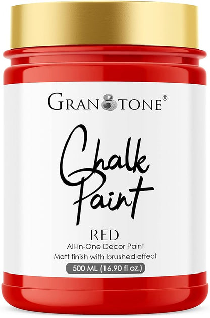 GRANOTONE Chalk Paint for Furniture, Matt-Finish Water-Based Acrylic Paint for Wood, Walls, Metal, Glass, Paper, Fabric Canvas, Maximum Coverage Chalk Paint for Kids & Adults, 500 Ml (RED)