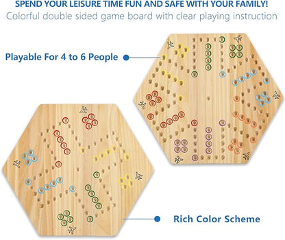 Original Marble Game Wahoo Board Game Double Sided Painted Wooden Fast Track Board Game for Family Friends and Party 6 and 4 Players 6 Colors 24 Marbles 6 Dice