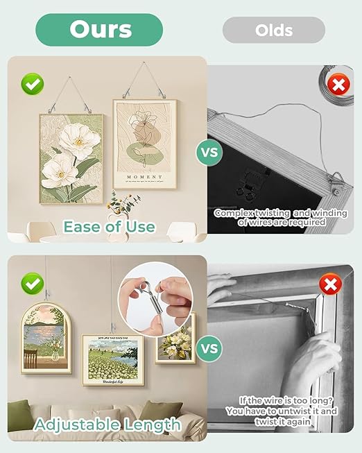 4PCS Adjustable Picture Hanging Wire 1.5m x 1.5mm Large Hooks, Picture Frame Wire Kit Heavy Duty 100lbs, Stainless Steel for Art, Mirror, Light Lamp, Billboards, Basket Flowerpot