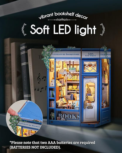 Cutefun Book Nook Kit - DIY Miniature Dollhouse Kit 3D Creative Decorative Bookend 3D Wooden Puzzle for Adults, Bookshelf Insert Library Decor with LED Light (Literature Bookstore)
