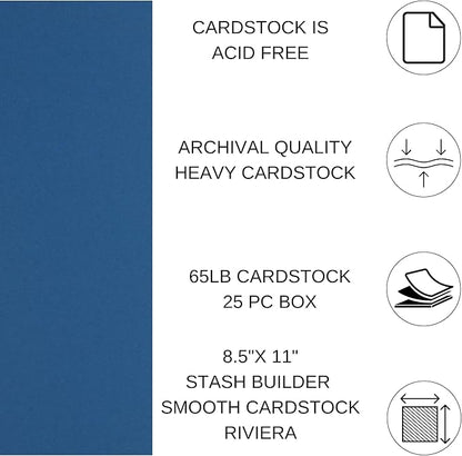 PA Paper Accents Stash Builder Cardstock 8.5" x 11" Riviera, 65lb Colored cardstock Paper for Card Making, Scrapbooking, Printing, Quilling and Crafts, 25 Piece Pack