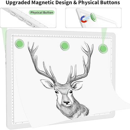 Phylosal Rechargeable A3 Light Pad with Carry Bag, Ultra-Thin Magnetic Tracing Light Box for Drawing, Diamond Art Painting Light Board with Side Button, Super Bright Light Table for Sketching (White)
