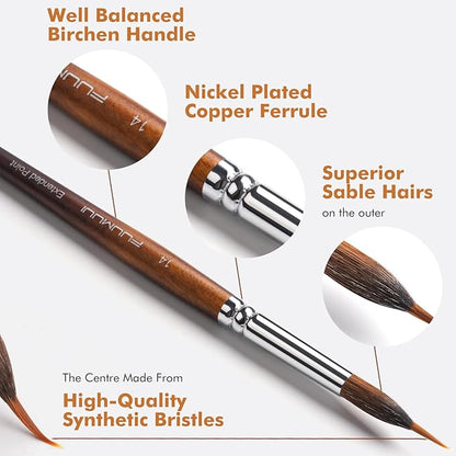 Watercolor Brushes Professional, Fuumuui 9pcs Sable Paint Brushes & Natural Squirrel Mop Brush Set with Extended Needle, Round Point, Flat, Dagger, Quill Wash for Watercolor Gouache Inks