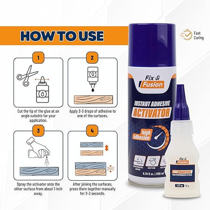 FIX & FUSION Ca Super Glue (1.77 Oz) with Activator Spray (6.76 Fl Oz) Set, Fast Adhesive/Cyanoacrylate Glue & Instant Activator for Woodworking, Plastic, Rubber, Granite, DIY & Industrial, (1 Pack)