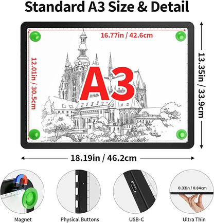 Zocelight Rechargeable A3 Light Box for tracing,Diamond Art Light Board with 4 Magnets,Wireless Light Pad for Diamond Painting,Ultra Bright Light Table for Drawing, Sketching,Animation(Black)