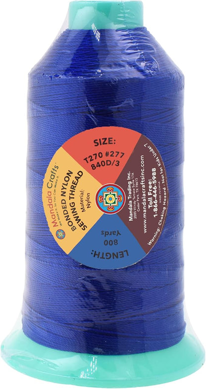 Mandala Crafts Bonded Nylon Thread Royal Blue Heavy Duty Sewing Threads - 800 YDs Size 277 840D T270 Tex 270 Thread for Leather Jeans Weaving Outdoor Marine Upholstery Threads