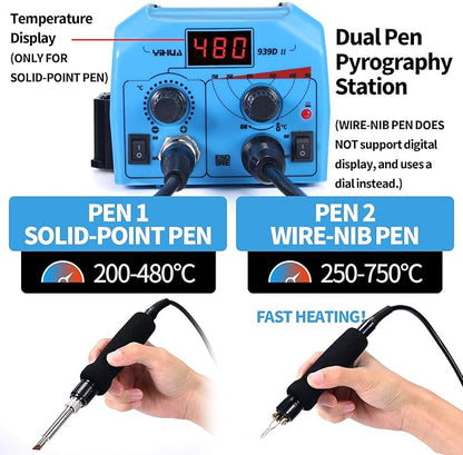 YIHUA 939D-II Pyrography Pen Wood Burning Kit Station 2-in-1 Solid-Point 200~480°C (with Temp Display)/Wire-Nib 250~750°C with 20 Nibs, Solid Points, 1 Stable Pen Holder, 2 Scrap Wood (Blue)