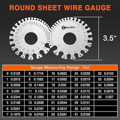 ZeeDix Wire Gauge Measuring Tool (2 Pcs) - Round Dual Sided Metal Sheet Gage & Metal Sheet Thickness Gauge, Stainless Sheet Wire Size Chart & Welding Measurement Tool