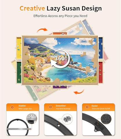 1500 Piece Rotating Puzzle Board Pro, 34" x 25" with 6 Drawers, Rubber Cover Mat, 360° Lasy Susan, Sort-Wise Colorful Felt Drawers & 4 Trays, Wooden Jigsaw Puzzle Table, Birthday Gifts for Mom