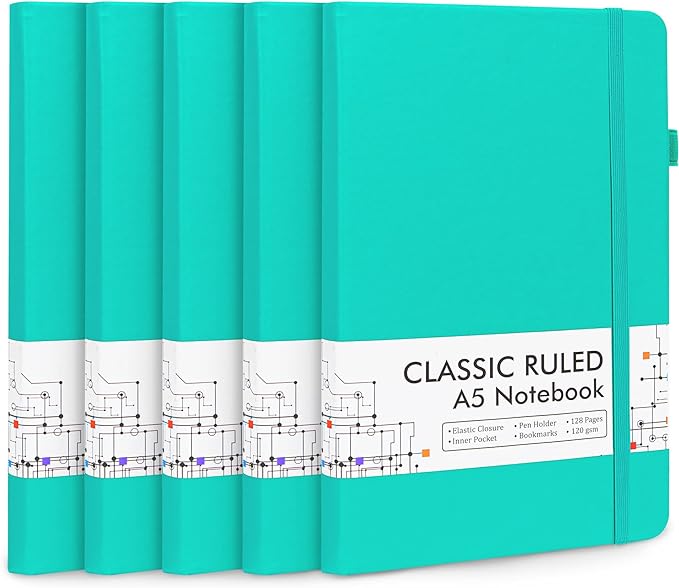 feela 5 Pack Notebooks Journals Bulk, Hardcover Notebook Classic Ruled Lined Journals with Pen Holder for Women Girls School Business Supplies, with 5 Black Pens, 120 GSM, 5.1”x8.3”, A5, Aqua