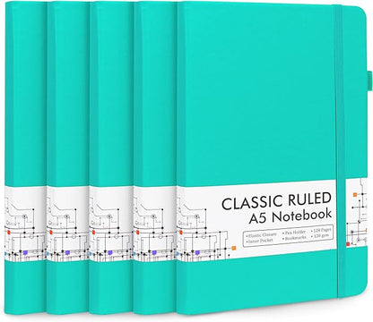 feela 5 Pack Notebooks Journals Bulk, Hardcover Notebook Classic Ruled Lined Journals with Pen Holder for Women Girls School Business Supplies, with 5 Black Pens, 120 GSM, 5.1”x8.3”, A5, Aqua