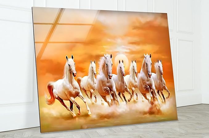 My Photostation.com 20Wx14H'' White Horses Running on Sunset Glass Wall ArtTempered Glass Printing Wall Decor Large Wall Art Wall Hangings