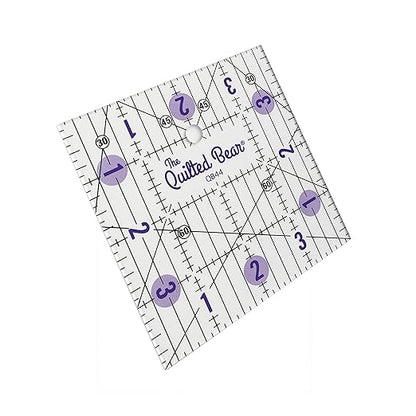 The Quilted Bear Quilting Rulers - Transparent Acrylic Non Slip Quilting, Patchwork & Sewing Ruler with Clear Black Lines & 30, 45 & 60 Degree Angles for Perfect Accuracy & Precision (4" x 4")