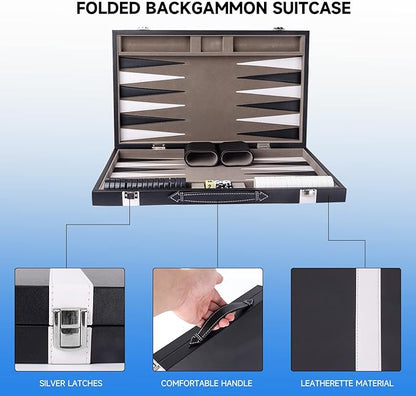 GSE Games & Sports Expert Premium Leather Backgammon Board Game Set, Classic Backgammon Game Set with Leather Case, Travel Folding Board Game (Black&Grey, Large)