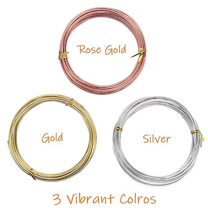 Cinvo 3 Rolls Craft Wire Jewelry Beading Wire Flexible Aluminum Wire Tarnish Resistant for DIY Jewelry Craft Making (12 Gauge/2mm Thick, Silver, Gold and Rose Gold)