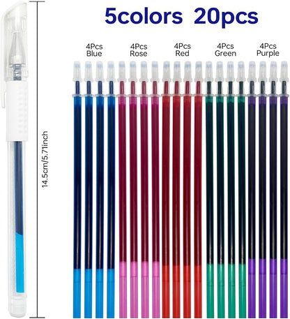 5 Colors Water Erasable Fabric Marking Pen with 20 Refills for Cross Stitch, Embroidery, Sewing, Quilting DIY (red,rose, blue, green, purple)
