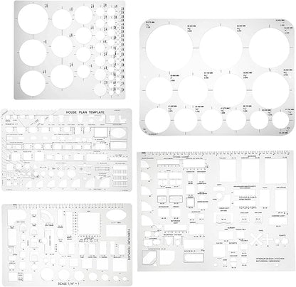 5 Pcs Interior Design Drawing Templates, Reusable Architectural Templates, House Plan, Interior Design, Furniture Template Circle Architectural Scale Ruler Stencils for Drawing & Drawings Tools