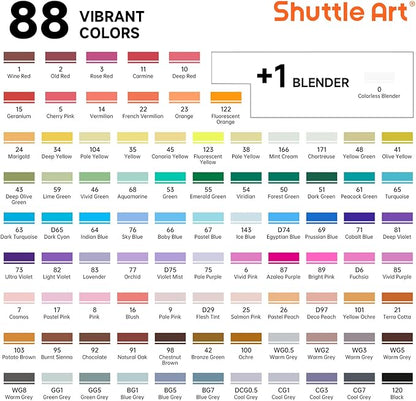 Shuttle Art 89 Colors Alcohol Markers, 88 Colors Dual Tip Art Marker Set Plus 1 Colorless Blender with Marker Case Perfect for Illustration Students Adult Coloring Sketching