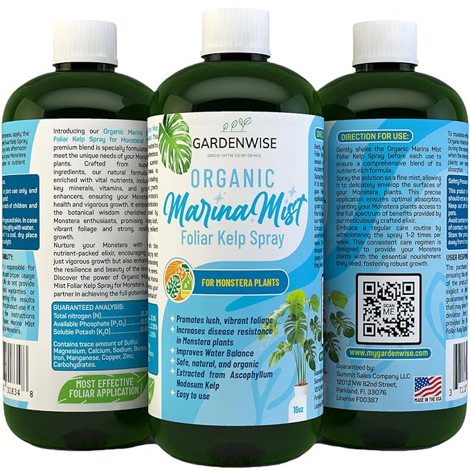 Organic Marina Mist Foliar Spray for Monstera, Philodendron, Elephant’s Ear and Other Tropical Houseplant | Liquid Fertilizer | Micro Nutrients for Vital Health | Liquid Plant Food (16 OZ)