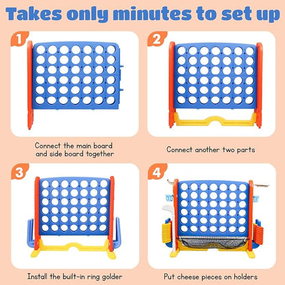 Giant 4 in a Row Connect Game with Mesh Fabric | Height Adjustable 4-in-1 Jumbo 4-to-Score Yard Game Set with Basketball, Golf & Ring Toss | Outdoor Indoor Family Yard Party Game for Kids & Adults