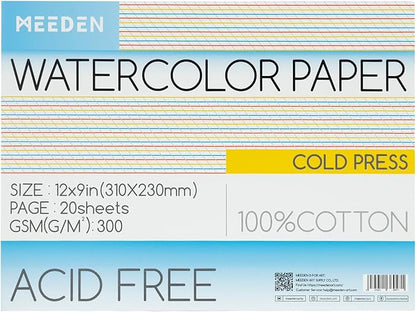 MEEDEN Watercolor Paper Block, 100% Cotton Watercolor Paper Pad of 20 Sheets, 140lb/300gms, Acid-Free Art Paper for Watercolor, Gouache, Ink and More, 9" x 12" Cold Press