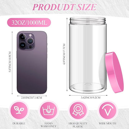 SATINIOR 12 Pack 32 oz Plastic Container Jars with Lids Round Clear Travel Cosmetic Container Slime Jars for Toiletries, Lotion, Cream, Ointments, Makeup, Rhinestone, Samples, Kitchen Storage(Pink)