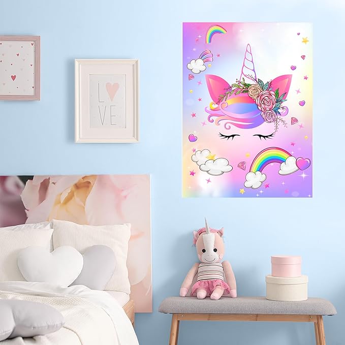 ASTARON Pin The Horn on The Unicorn Game for Kids Birthday Party, Unicorn Party Game with 30 pcs Horn Stickers Birthday Party Supplies for Wall Home Room Decorations