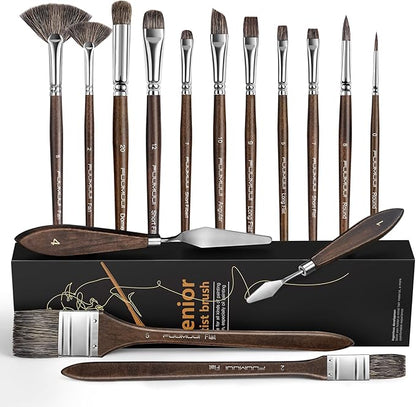 Oil Paint Brush Set, 15Pcs Fuumuui Professional Paint Brushes Natural Badger Bristle with Flat, Fan, Angle, Round, Filbert for Oil, Acrylic Canvas Paintings with 2pc Palette Knife