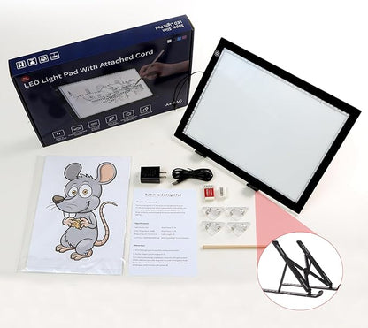 A4 Light Pad with Foldable Stand, UL Certified Adapter, 8000 Lux Super Bright Ultra Thin Pad for Cricut Weeding Vinyl, Artist Drawing Light Box/Board/Table for Tracing, Sketching - Black