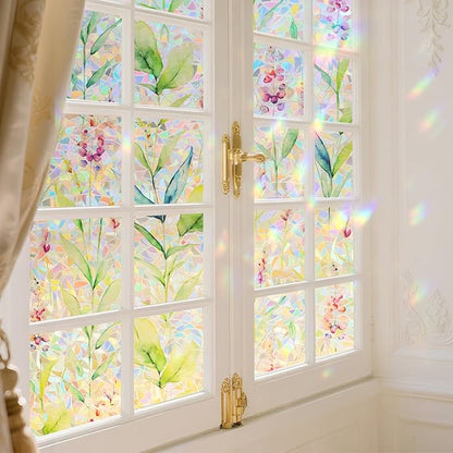 Donox Decorative Window Privacy Film, 3D Floral Stained Glass Window Film Static Cling Rainbow Privacy Sticker for Glass Door Heat Control Anti UV, No Adhesive (Gladiolus,17.5 x 157.4 inches)